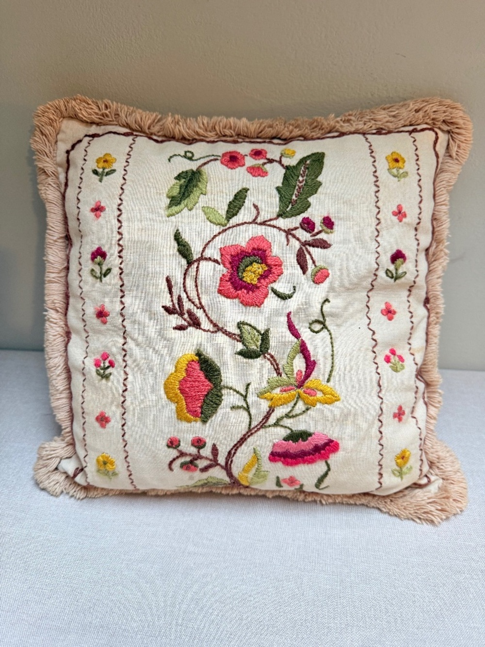 Vintage Crewel Embroidery Floral Toss Throw Pillow